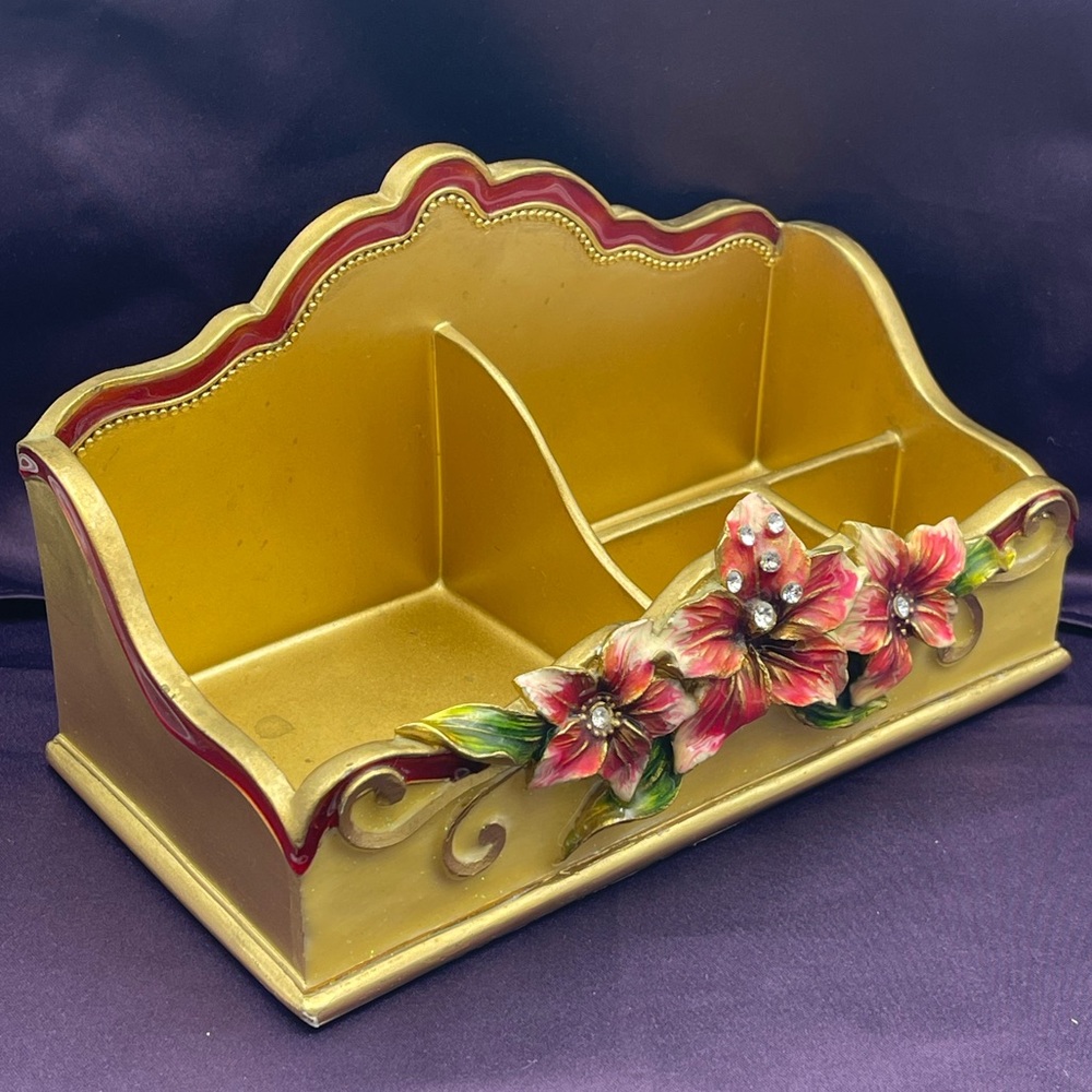 Elite Art: VTG Poly Resin Divided Desk Organizer w/ 3D Enamel Flowers & Crystals